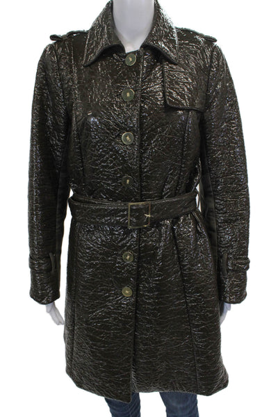 Worth New York Womens Trench Coat Brown Polyurethane Long Sleeve Button Size S