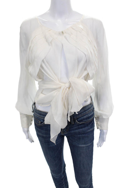 Carmen Marc Valvo Womens White Silk Blouse Round Neck Button Long Sleeve Size 6