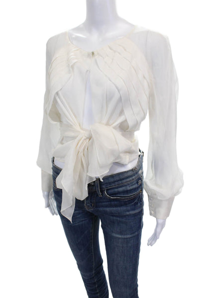 Carmen Marc Valvo Womens White Silk Blouse Round Neck Button Long Sleeve Size 6