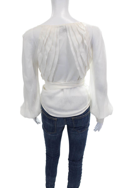 Carmen Marc Valvo Womens White Silk Blouse Round Neck Button Long Sleeve Size 6