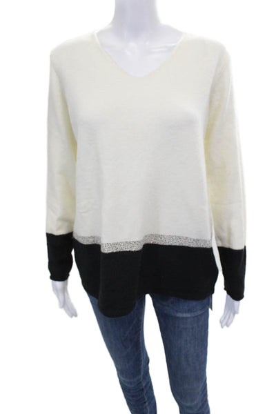 Renuar Womens White Colorblock V-Neck Pullover Sweater Long Sleeve Size M