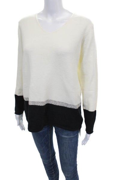 Renuar Womens White Colorblock V-Neck Pullover Sweater Long Sleeve Size M