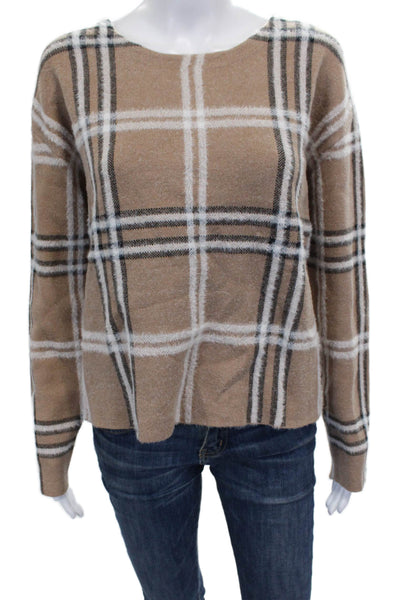 Tahari Women Pullover Sweater Beige Plaid Nylon Boat Neck Long Sleeve Size S
