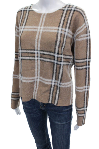 Tahari Women Pullover Sweater Beige Plaid Nylon Boat Neck Long Sleeve Size S