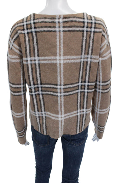 Tahari Women Pullover Sweater Beige Plaid Nylon Boat Neck Long Sleeve Size S