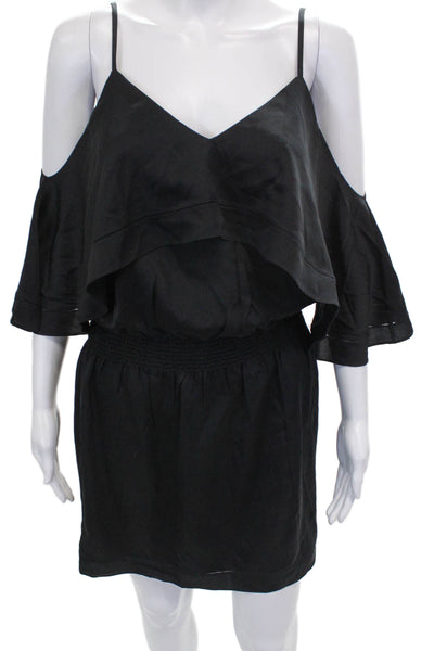 Trina Turk Women Blouson Black Silk V-Neck Short Sleeve Zip Short Dress Size M