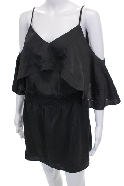 Trina Turk Women Blouson Black Silk V-Neck Short Sleeve Zip Short Dress Size M