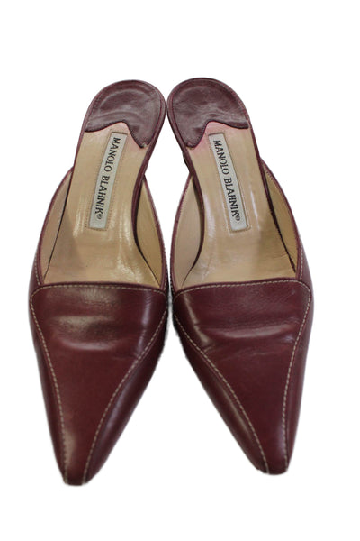 Manolo Blahnik Womens Leather Pointed Toe Mules Heels Burgundy Size 35 5