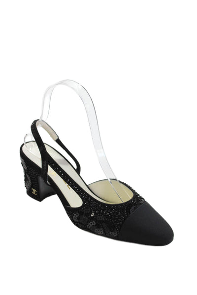 Chanel Womens Embellished Round Toe Slingback Heels Black Size 36 6