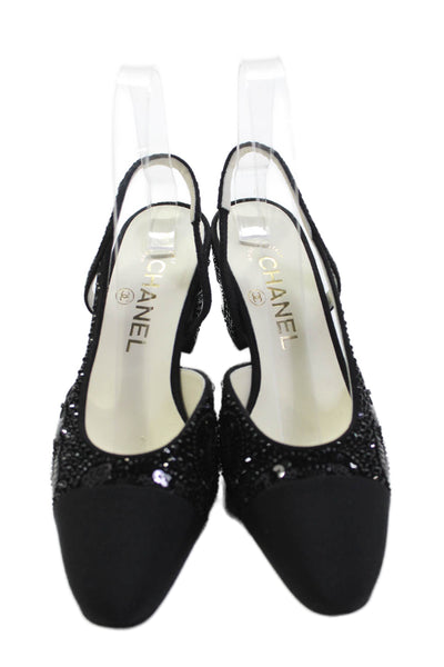 Chanel Womens Embellished Round Toe Slingback Heels Black Size 36 6