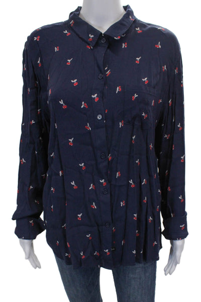 Rails Womens Basic Floral Collared Rayon Button-Up Long Sleeve Blue Size L