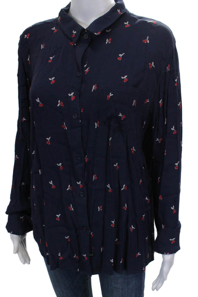 Rails Womens Basic Floral Collared Rayon Button-Up Long Sleeve Blue Size L