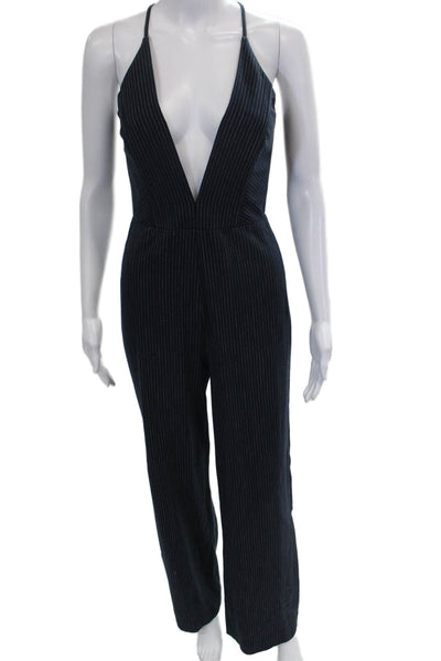 Mason Women Striped Blue V-Neck Sleeveless Jumpsuit Zip Polyamide Size 2