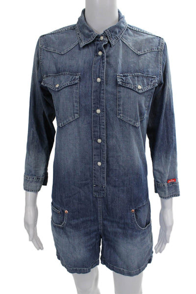 Denimist Womens Romper Blue Cotton Collared Long Sleeve Cowboy Button Size S