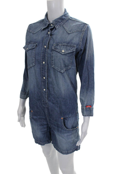 Denimist Womens Romper Blue Cotton Collared Long Sleeve Cowboy Button Size S