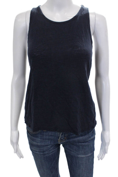 Frame Womens Linen Sleeveless Tank Basic Blue Round Neck Pullover Petite Size S