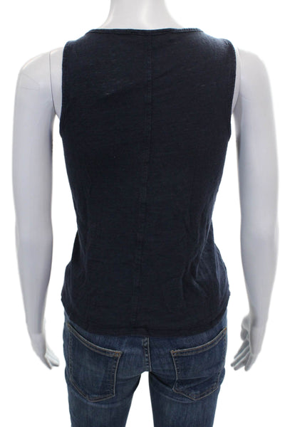 Frame Womens Linen Sleeveless Tank Basic Blue Round Neck Pullover Petite Size S