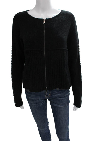 AMS Pure Womens Full Zip Sweater Black Long Sleeve Round Neck Wool Blend Size 6