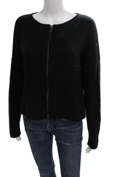 AMS Pure Womens Full Zip Sweater Black Long Sleeve Round Neck Wool Blend Size 6
