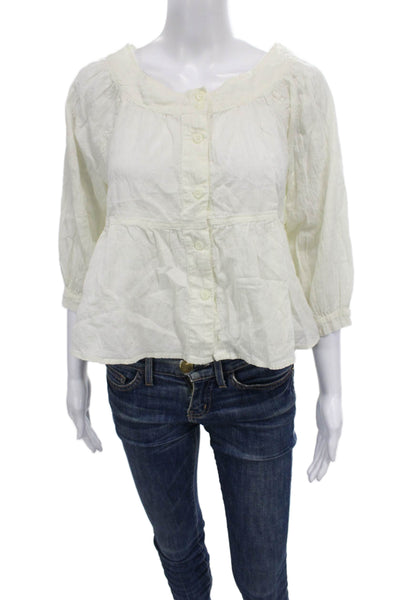 We The Free Women Ivory Scoop Neck 3/4 Sleeve Blouse 98% Cotton Size XS