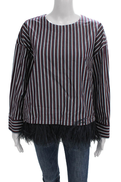 Odeeh Women Red Striped Cotton Round Neck Long Sleeve Blouse Size M