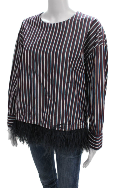 Odeeh Women Red Striped Cotton Round Neck Long Sleeve Blouse Size M