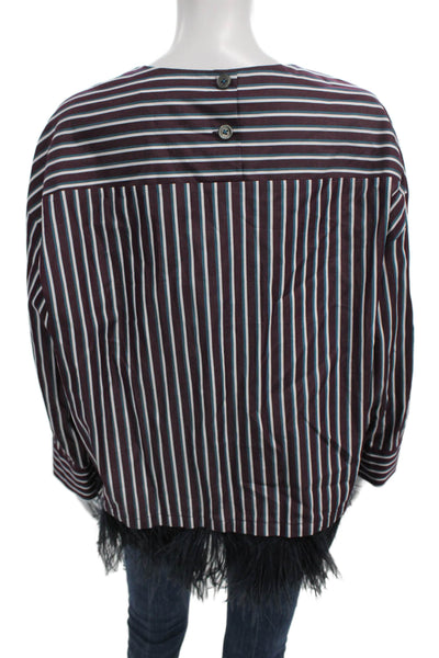 Odeeh Women Red Striped Cotton Round Neck Long Sleeve Blouse Size M