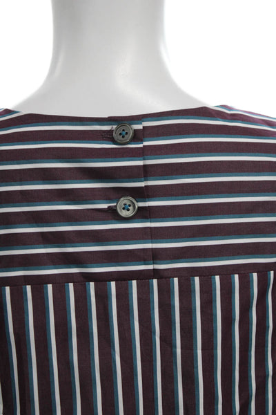 Odeeh Women Red Striped Cotton Round Neck Long Sleeve Blouse Size M