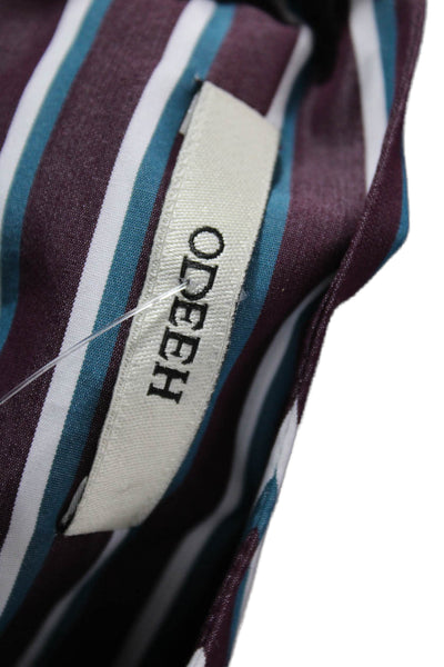 Odeeh Women Red Striped Cotton Round Neck Long Sleeve Blouse Size M