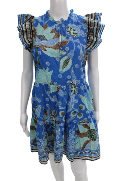 Omika Women Shift Dress Blue Batik Viscose Henley Short Sleeve Knee Size M