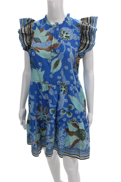 Omika Women Shift Dress Blue Batik Viscose Henley Short Sleeve Knee Size M