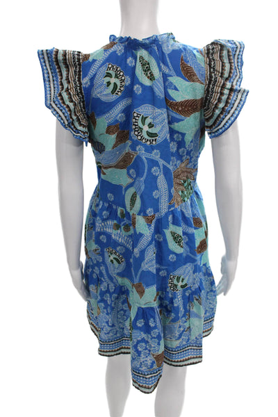 Omika Women Shift Dress Blue Batik Viscose Henley Short Sleeve Knee Size M