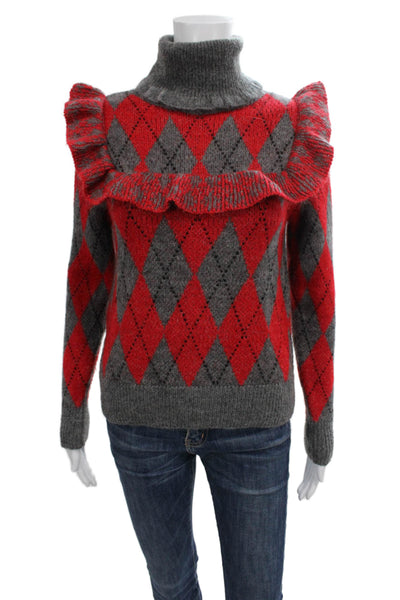 Zara Womens Pullover Sweater Red Argyle Turtleneck Long Sleeve Size S