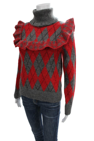 Zara Womens Pullover Sweater Red Argyle Turtleneck Long Sleeve Size S