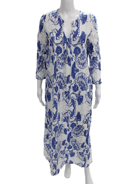 Three Islands Women Maxi Dress Blue Floral V-Neck 3/4 Sleeve Cotton Size M