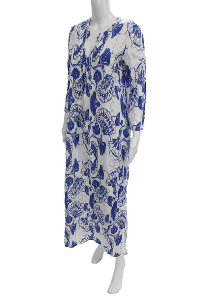 Three Islands Women Maxi Dress Blue Floral V-Neck 3/4 Sleeve Cotton Size M