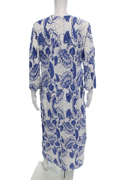 Three Islands Women Maxi Dress Blue Floral V-Neck 3/4 Sleeve Cotton Size M