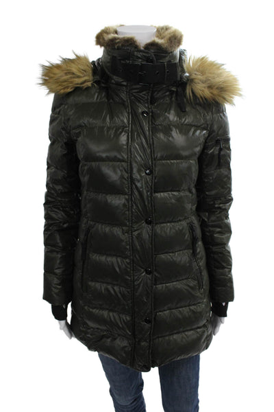 S13 NYC Womens Puffer Jacket Green Nylon Button Long Sleeve Winter Size S