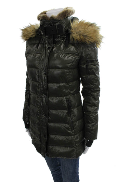 S13 NYC Womens Puffer Jacket Green Nylon Button Long Sleeve Winter Size S