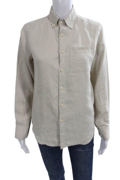 Alex Crane Mens Linen Blend Buttoned-down Shirt Beige Long Sleeve Size XS