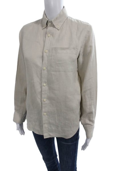 Alex Crane Mens Linen Blend Buttoned-down Shirt Beige Long Sleeve Size XS