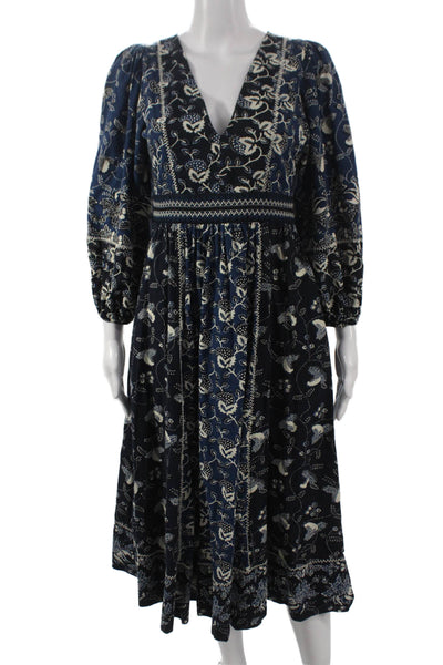Ulla Johnson Women Fit & Flare Floral Midi Cotton VNeck Longsleeve Dress Size 2