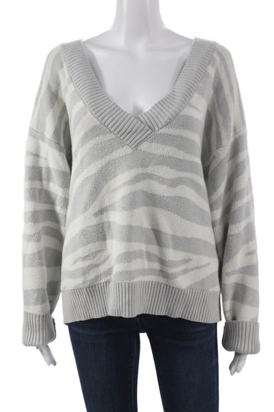 Varley Womens V-Neck Animal Print Pullover Gray Merino Wool Long Sleeve Size S