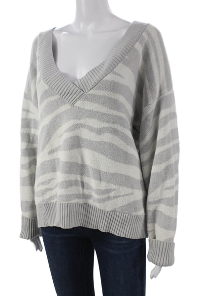 Varley Womens V-Neck Animal Print Pullover Gray Merino Wool Long Sleeve Size S