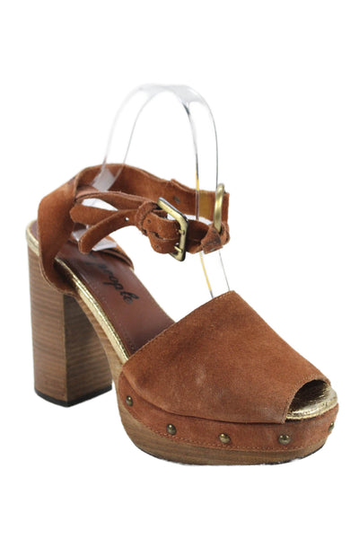 Free People Womens Suede Studded Platform Ankle Strap Heels Shoes Brown Size 9