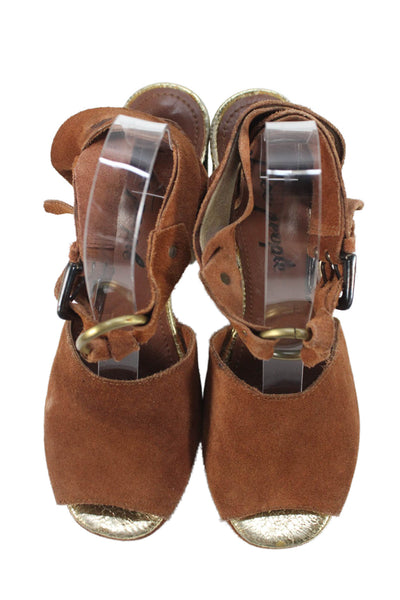 Free People Womens Suede Studded Platform Ankle Strap Heels Shoes Brown Size 9