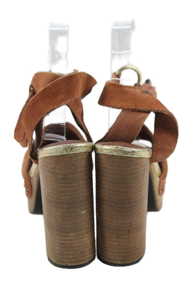 Free People Womens Suede Studded Platform Ankle Strap Heels Shoes Brown Size 9