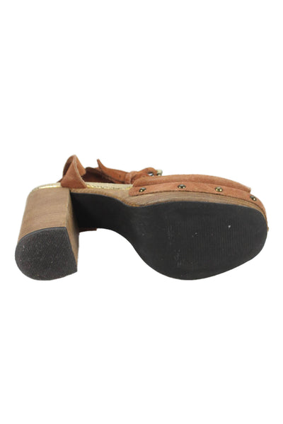 Free People Womens Suede Studded Platform Ankle Strap Heels Shoes Brown Size 9
