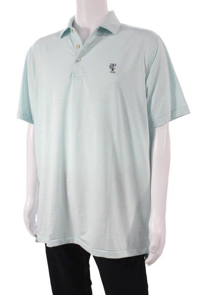 Peter Millar Mens Short Sleeve Collared Striped Polo Shirt Blue White Size Large