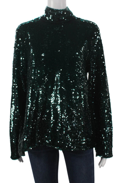 Zara Women Turtleneck Long Sleeve Basic Blouse Green Zip Polyester Fall Size M